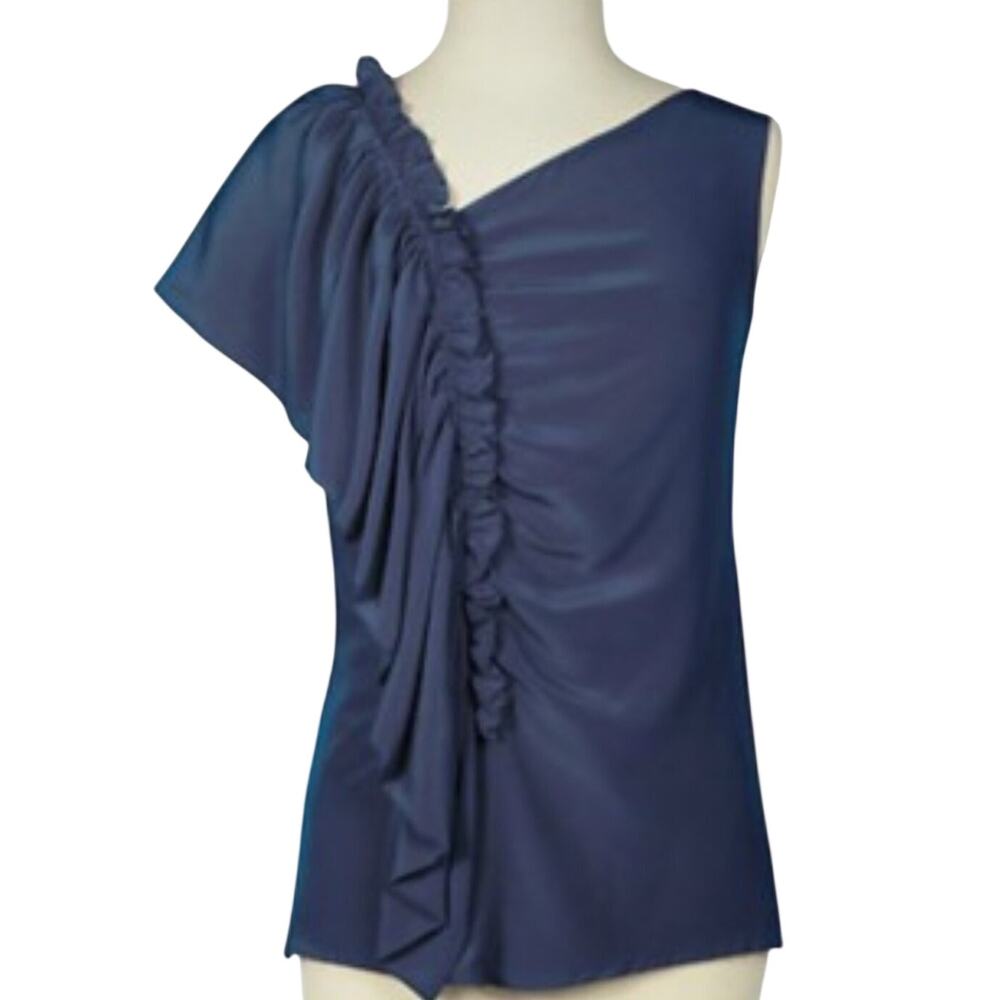 Soft Surroundings Sleeveless Silk Top Size Medium Navy Blue Asymmetrical Ruffle